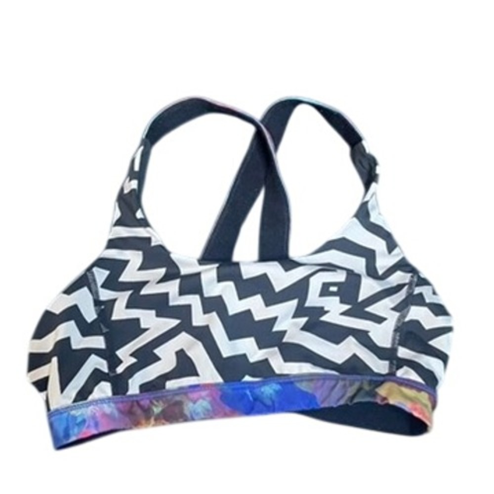 Wanakome Womens Black White Zigzag Geometric Crossback Sports Bra Mesh Back